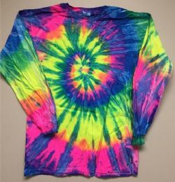 12 Units of Tie Dye Long Sleeve T Shirt Neon Rainbow Assorted Sizes - Girls Tank Tops and Tee Shirts