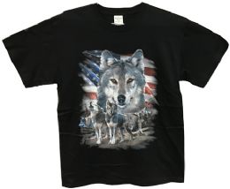 24 Wholesale Black T Shirt Wolves With American Flag Assorted Sizes