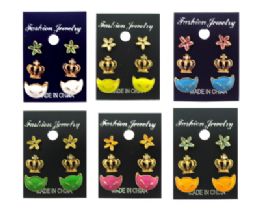 36 Pairs Three Pack Of Gold Tone Flower Crown And Cat Stud Earring Sets - Earrings