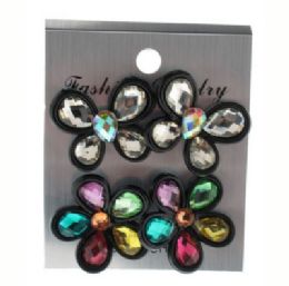 36 Pieces Flower Shaped Post Earrings With Assorted Colored Crystals - Earrings