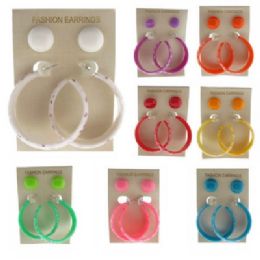 72 Units of Two Pair Per Card; One Pair Is An Acrylic Button Style Post Earring, And The Other Pair Is A Cartoon Character Patterned Acrylic, PosT-Style Hoop - Earrings