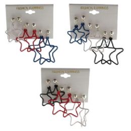 72 Pieces Multiple Earrings; Three Pair Per Card; Silvertone Post Earring With Enameled StaR-Shaped Wire Dangle - Earrings