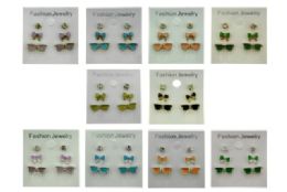 36 Pieces Multiple Earrings Three Pair Per Card Crystal Assorted Colored Bow Ties And Sunglasses - Earrings