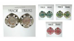 36 Pairs Silver Tone Clip Earring With Glittered Acrylic Cabochon - Earrings