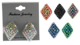 36 Wholesale Clip Earring Embossed With Colored Diamond Shaped Gemstone Buttons