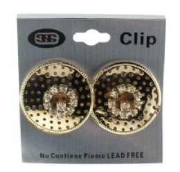 36 Wholesale Gold Tone Clip Earring With Perforated Disc And Rhinestone Accents