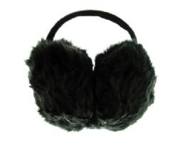 24 Bulk Black Furry Earmuffs With Band That Goes Behind The Head