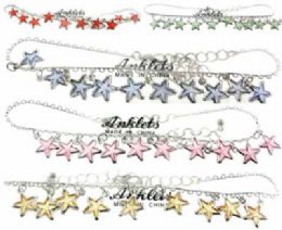 36 Pieces Silver Tone Chain With Assorted Color Star Charms - Ankle Bracelets