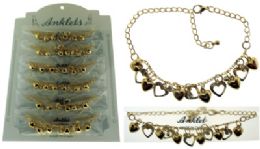 72 Pieces GolD-Tone Chain With Heart Shaped Dangle And Crystal Accents - Ankle Bracelets