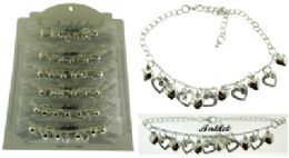 36 Bulk Silver Tone Chain With Heart Shaped Dangle And Crystal Accents