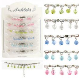 72 Pieces SilveR-Tone Chain With Rhinestone Accents And Bead Charms - Ankle Bracelets