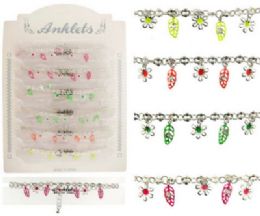 36 Bulk Silver Tone Chain With Fluorescent Enamel Leaf Dangles And Silver Tone Flowers