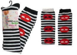 48 Wholesale Black And White Striped Thigh High Socks With Red Skull Design