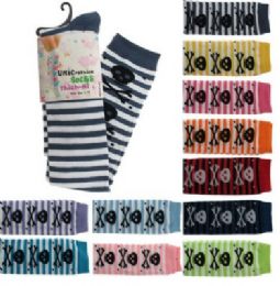 48 Wholesale Assorted Colored Thigh High Socks With Stripes And Skulls Designs