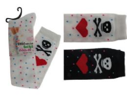 48 Wholesale Black And White Thigh High Socks With Skull And Heart Designs