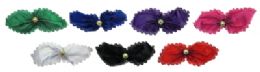 72 Wholesale Assorted Color Fabric Bow Barrettes, With Gold Tone Pearlesque Accent Bead