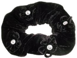 72 Units of Black Velvet Scrunchies, With Crystals And Flowers - Hair Scrunchies
