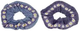 72 Units of Denim Scrunchies, With Floral Embroidered Trim - Hair Scrunchies