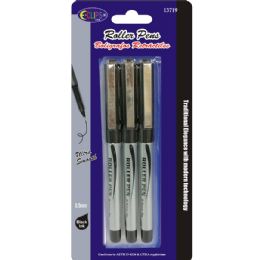 24 Wholesale Roller Pens - 3/pack - Black Ink