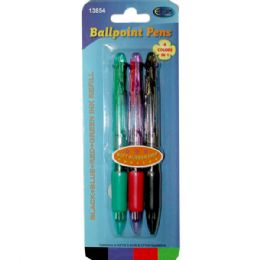 48 Wholesale Rubber Grip Ball Point Pens, 3 Pk., 4 Colors In 1: Black, Blue, Red, Green