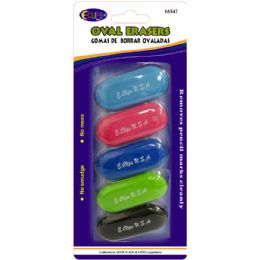 24 Wholesale Oval Shaped Erasers 5 Count - Assorted Colors