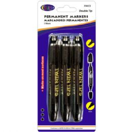 48 Wholesale Permanent Markers, Double Tip: Chisel & Bullet, 3 Pk., Black Ink