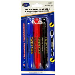48 Wholesale Permanent Markers, Double Tip: Chisel & Bullet, 3 Pk., Blue, Black & Red Ink