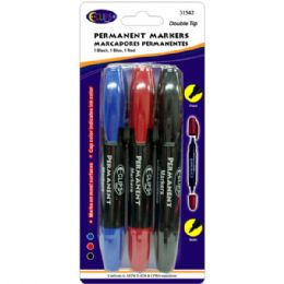 48 Wholesale Permanent Markers, Double Tip: Chisel & Bullet, 3 Pk., Black, Red & Blue Ink