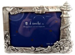 6 Pieces Pewter Picture Frame With Clouds On The Top, Ocean, Waves, And Dolphin On The Bottom, And A Lighthouse On The Right Side Of The Frame - Picture Frames