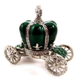 10 Wholesale Silver Tone And Green Enamel Crown Attached To A Coach Shaped Base