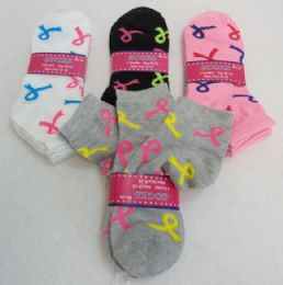 60 Pairs Ladies Breast Cancer Ribbon Ankle Socks - Womens Ankle Sock