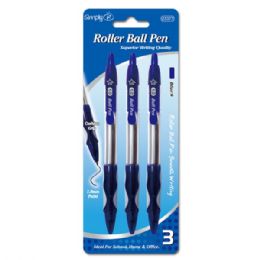 96 Wholesale Three Pack Roller Ball Pen Blue With Cushion Grip