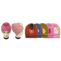 48 Wholesale Lady's Knit Hat In Assorted Colors With Flower