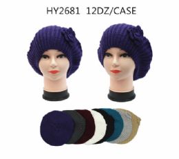 72 Bulk Winter Heavy Knit Beret With Flower Assorted Colors