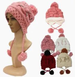 48 Units of Woman's Assorted Color Pom Pom Hat With Fur Lining - Fashion Winter Hats