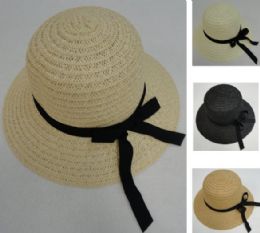 24 Wholesale Ladies Round Woven Summer Hat W Long Ribbon