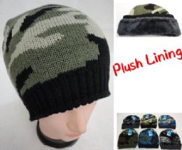 48 Bulk Knitted Winter Beanie assorted Camo plush Lining