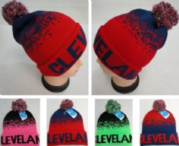 48 Pieces Knitted Hat With Pompom Cleveland N Digital Fade - Winter Beanie Hats