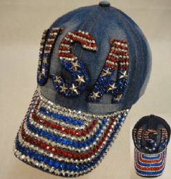18 Wholesale Denim Hat With Bling [usa] Red/white/blue