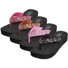 36 Wholesale Women's Eva Wedge Multi Color Stone Top Sandals