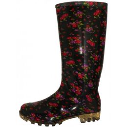 12 Bulk Women's 13.5 Inches Waterproof Rubber Rain Boots ( *black With Red Floral Print )