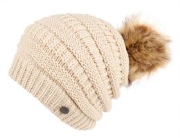 24 Pieces Slouch Cable Knit Beanie With Faux Fur Pom Pom & Sherpa Lining - Winter Beanie Hats