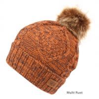 12 Bulk Multi Color Rust Knit Beanie Hat With Pom Pom