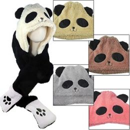 12 Pieces Fleece Panda Bear Hats W/ Attached Scarf & Mittens - Winter Animal Hats