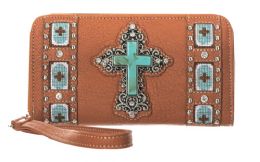 12 Pieces Rhinestone Wallet With Vintage Cross Center Light Brown - Leather Purses and Handbags