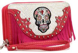 12 Pieces Rhinestone Sugar Skull Wallet Fringes With Strap Fuchsi - Leather Purses and Handbags
