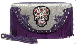 12 Pieces Rhinestone Sugar Skull Wallet Fringes With Strap Purple - Leather Purses and Handbags