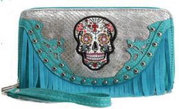12 Pieces Rhinestone Sugar Skull Wallet Fringes With Strap Turq - Leather Purses and Handbags