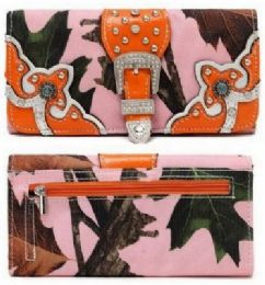 12 Pieces Pink Camo Western Rhinestone Buckle Wallet Orange Color - Wallets & Handbags