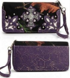 12 Wholesale Rhinestone Cross Wallet Purple Color With Zipper